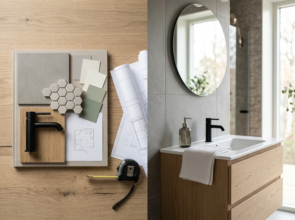 Badrumsdesign med materialprover, ritningar och modernt handfat med svart kran.